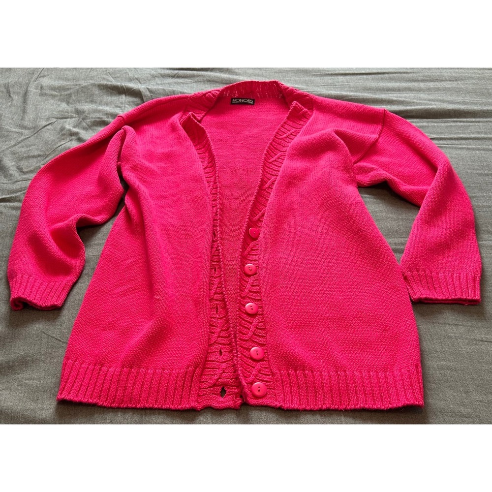 Honors Vintage Hot Pink Button Front Knit Cardigan Sweater Magenta Longline L